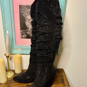Black Knee High or Slouchy Boots with Glittery Finish